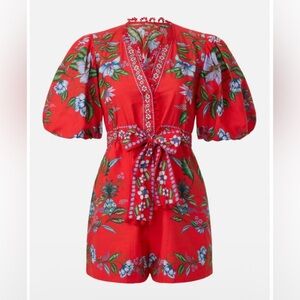 Farm Rio Red Sweet Bloom Bouquet Organic Cotton Romper M Medium Holidays